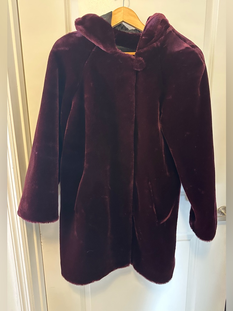 Dennis Basso Plush Faux Fur Coat In Deep Wine. Full Zip